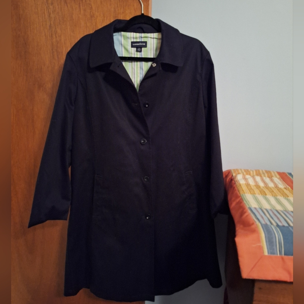 Lands' End Women's Black Trench Coat Cotton Lining Size 18-20